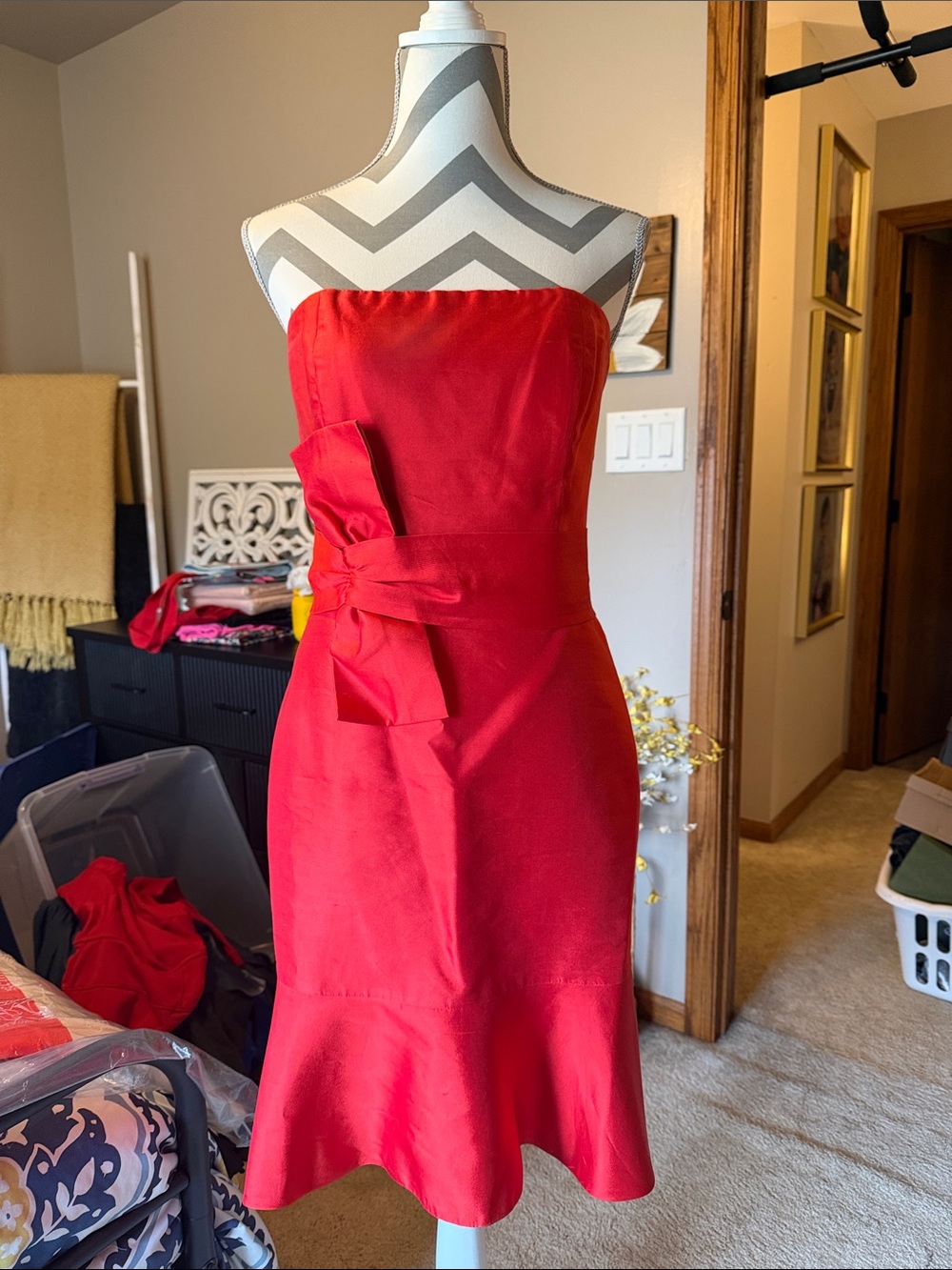 kate spade Strapless Red Sheath Dress with Waist Tie Detail